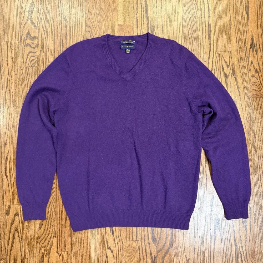 Club Room Estate Cashmere V-Neck Sweater 100% 2-Ply Knit Size M Purple